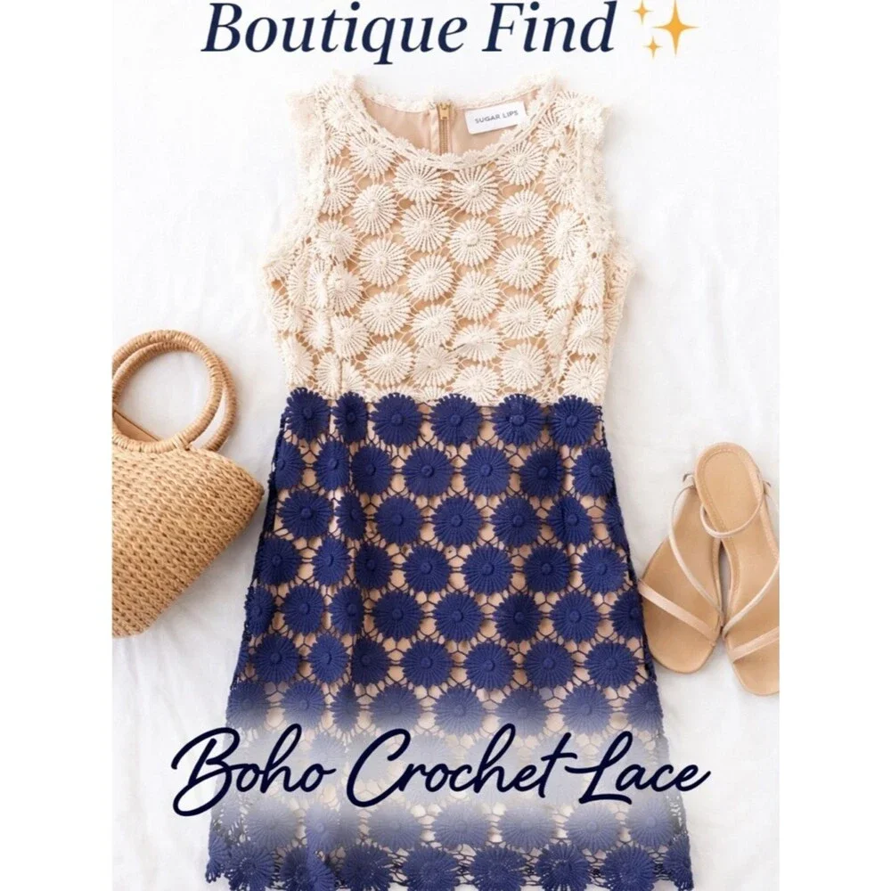 Coquette Girl Crochet Lace Dress Navy Cream Boutique Summer Brunch Date S Chic - Picture 2 of 8